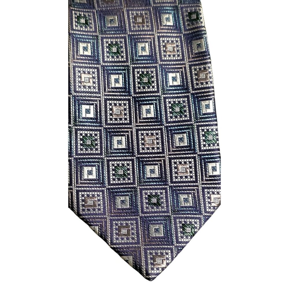 Vintage Tie Stacy Adams 100% Silk Handmade Geometric Square Blue &‎ Silver